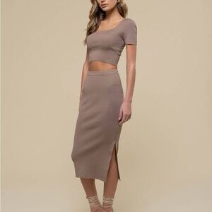 HIGH WAIST SIDE SLIT SWEATER KNIT MIDI SKIRT